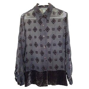 Jessica Holbrook Burnout Velvet Sheer Button Down Blouse, Rayon/Silk Small, BOHO